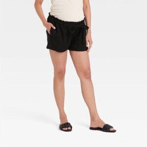 NWT Tie-Front Pull-On Elastic Waist Black Linen Maternity Shorts